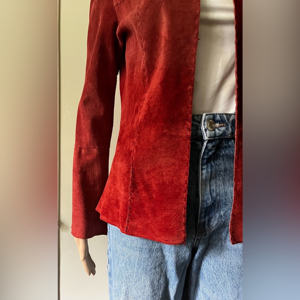 GORGEOUS Vintage 90s Wet Seal 100% Leather Rust Red/Orange Suede 70’s Style Coat - Picture 9 of 14